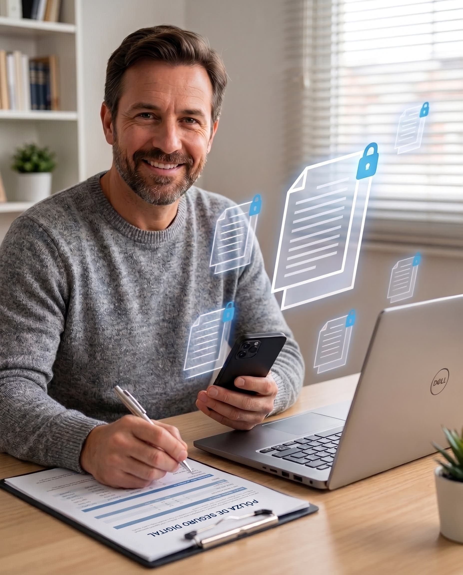 Asesor sonriendo frente a su laptop con documentos digitales de pólizas flotando