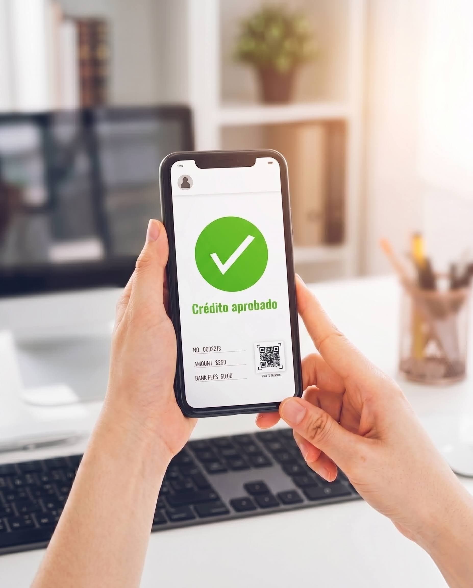 Persona sosteniendo un celular con la pantalla de tuus mostrando crédito aprobado
